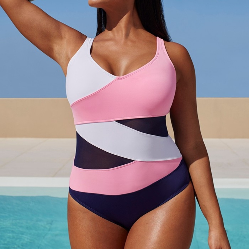 Pink white and black monikini swimsuit - Picture 1 of 4